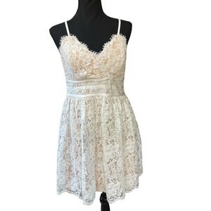 Just Me Lace Overlay White And Beige‎ Short BabyDoll Flare Dress Size Large